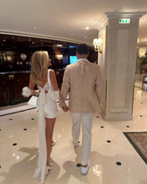 Modern Short Wedding Dress White Satin Square Neck with Sash Back Mychicdress